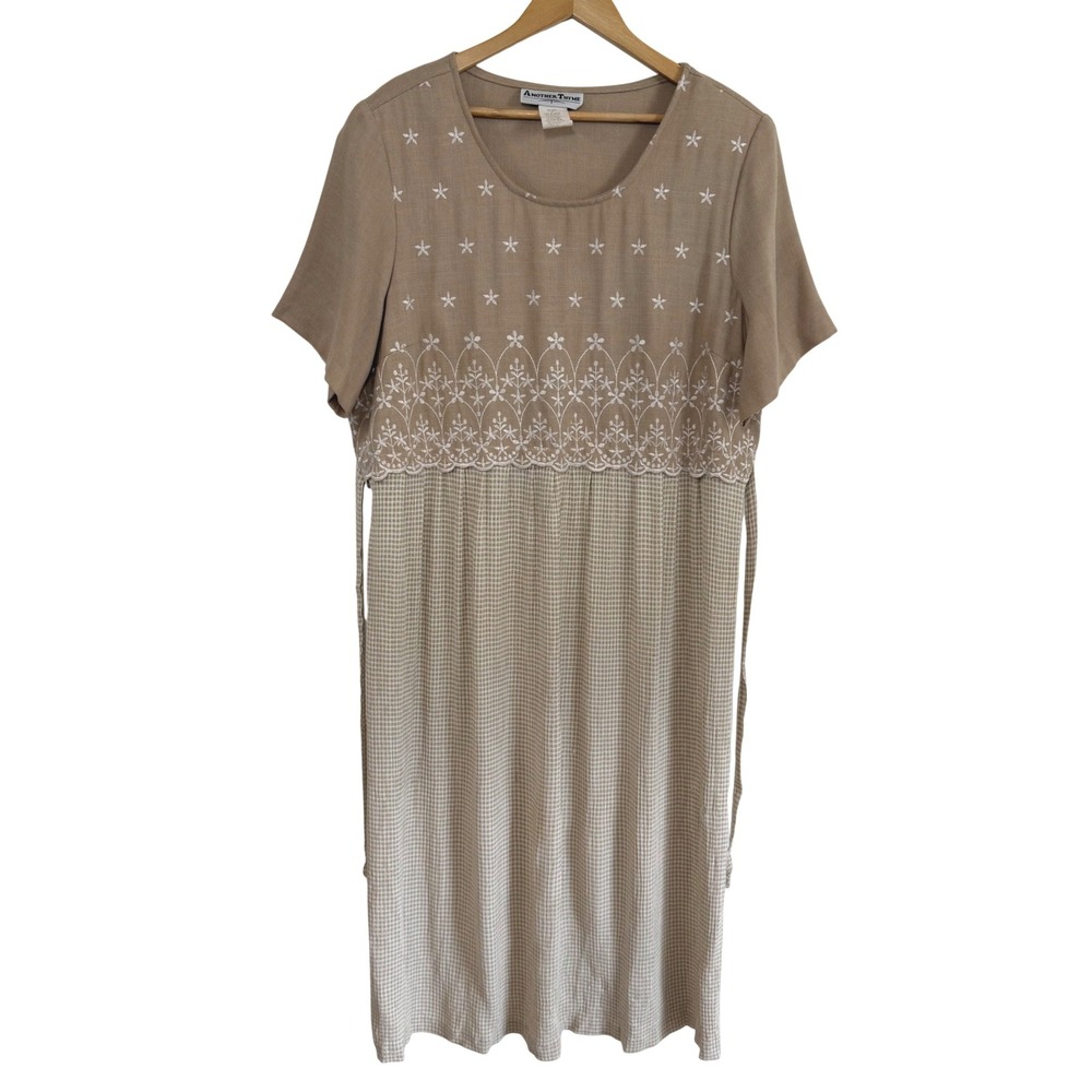 Vintage Prairie Cottagecore Midi Dress 22W Plus Beige Embroidered Gingham Modest